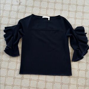 See By Chloe Black Ruffle Sleeve Blouse black with navy trim size 6